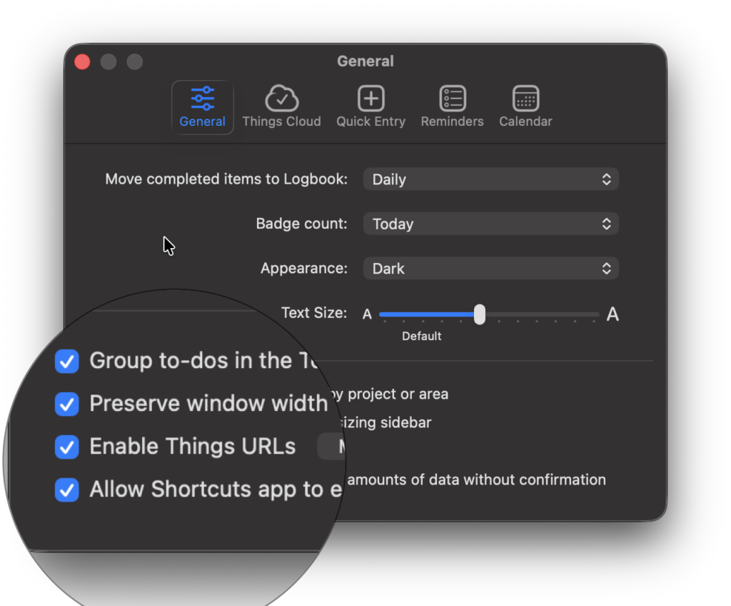 Things by cultured code general settings screenshot.